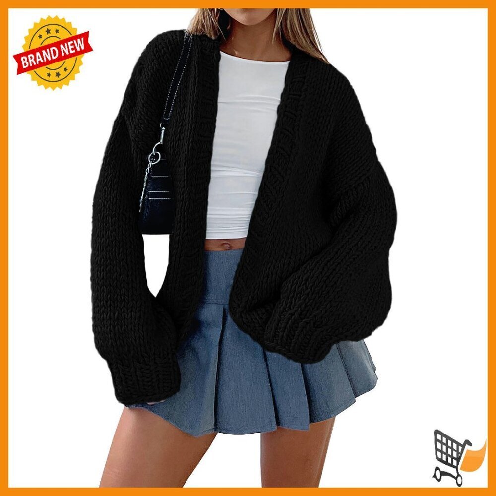 Chunky Knit Cardigan Shawl Collar Loose Fit Open Front Sweater